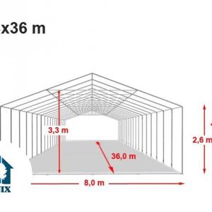 XXL Professzionális  extra erős rendezvénysátor  party sátor 8x36 m ponyva tűzálló PVC  oldalmagasság + 2,6m erősített szerkezet acélcső Ø 50mm