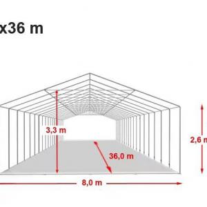 XXL Professzionális  raktársátor, tároló sátor 8x36 m ponyva PVC oldalmagasság +2,6 m erősített szerkezettel padlókerettel fehér