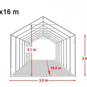 XXL Professzionális tűzálló extra erős rendezvénysátor 3x16 m,  ponyva PVC 1400fehér + 2,6m