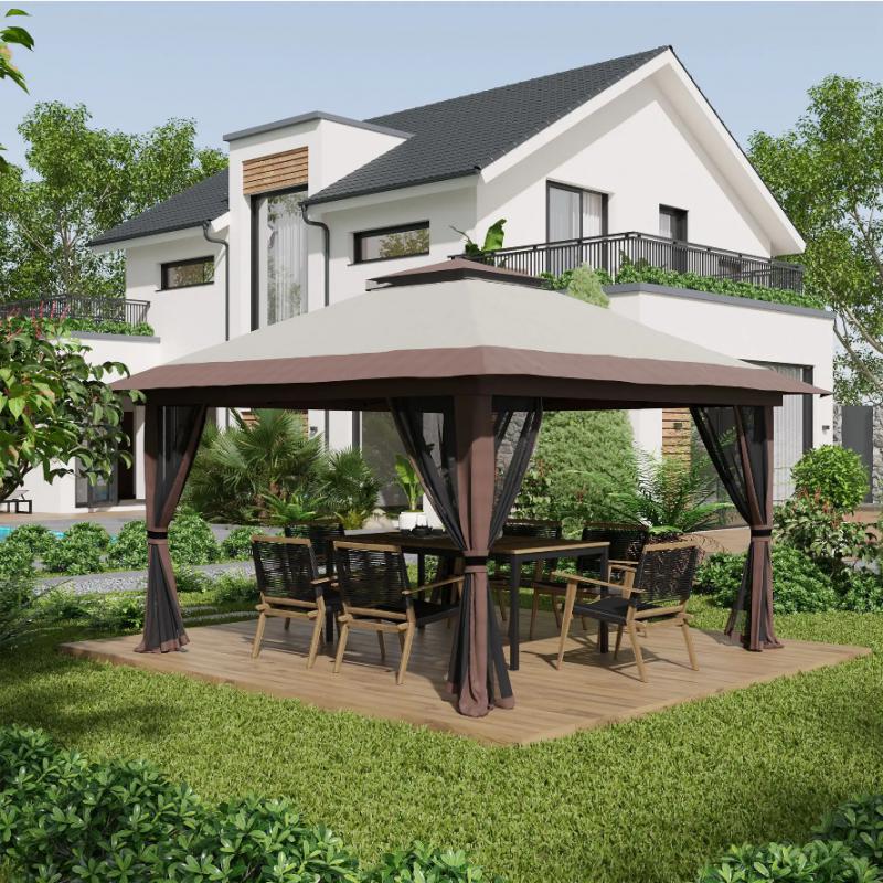 Hollywood kerti összecsukható pavilon pergola 4x4x3m függönnyel hordozótákával homokzsákkal bézs
