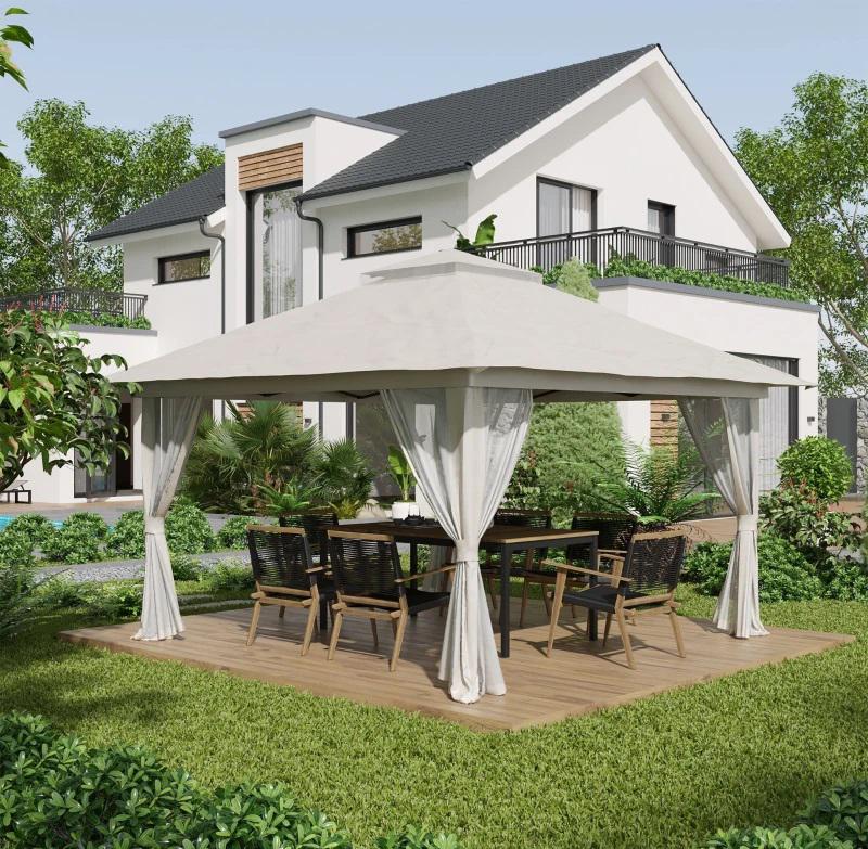 Hollywood összecsukható kerti pavilon és pergola 4 × 4 × 3 m, krémfehér kivitelben, szellőzőtetővel, levehető hálós függönyökkel, 3 fokozatban állítható lábakkal, 4 db homokzsákkal és  hordozótáskával