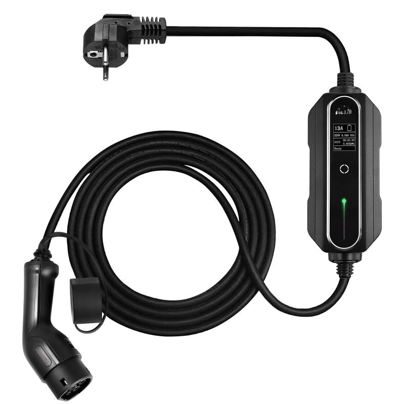 Hordozható EV töltő – Type 2, 3 kW, 10 m kábel, digitális kijelző, CE tanúsítvány, hordtáskával