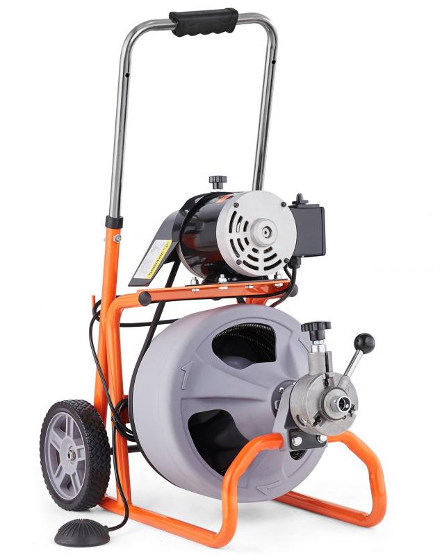 Ipari csőtisztító gép, csőgörény 22,8 méter x 9,5 mm-es spirállal, automatikus adagolóval, kerekekkel és 8 cserélhető vágófejjel