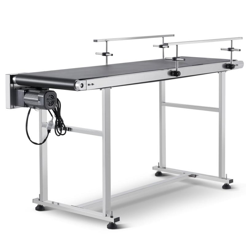 Ipari rozsdamentes acél szállítószalag PVC szalaggal – 150 x 40 cm, 45 kg teherbírás, kétirányú változtatható sebesség
