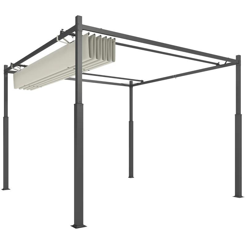 Kerti pergola 3×3 m – kihúzható tetővel, mágneszáras rögzítéssel, fém vázzal, krémfehér színben