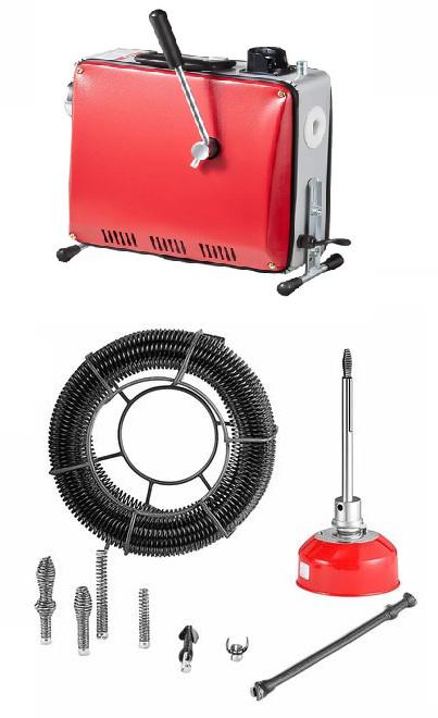 Lefolyótisztító, csőtisztító gép, csőgörény 500 W - Ø16 mm acélrugós kábellel (20 m, 5 m, 0,4 m) és 8 cserélhető vágófejjel, 50–110 mm átmérőjű csövekhez