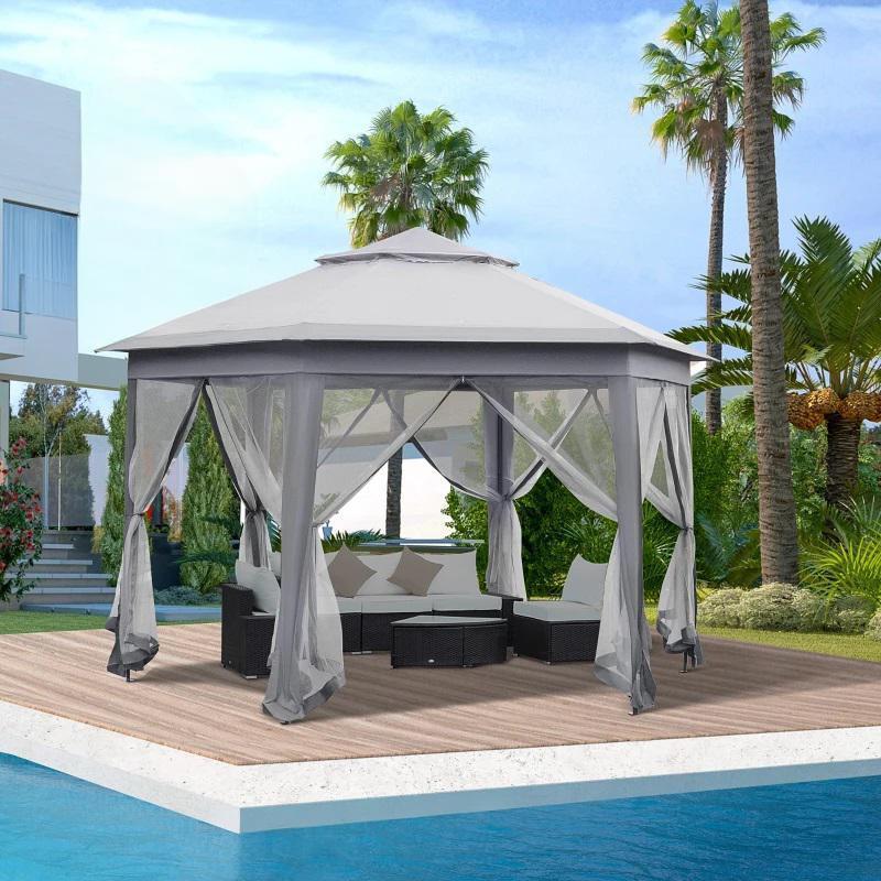 Luxus kerti összecsukható pavilon pergola 4x4 m hatszögletű kialakítás, hálós függönyök, vízlepergető, szellőztetett tető, szürke+fehér