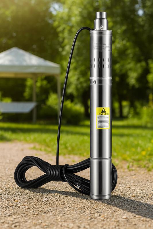 Mélykúti búvárszivattyú – 550 W teljesítmény, max. 35 l/perc szállítási kapacitás, max. 108 m emelőmagasság, rozsdamentes acél kivitel, IP68 védelem, 20 m tápkábellel