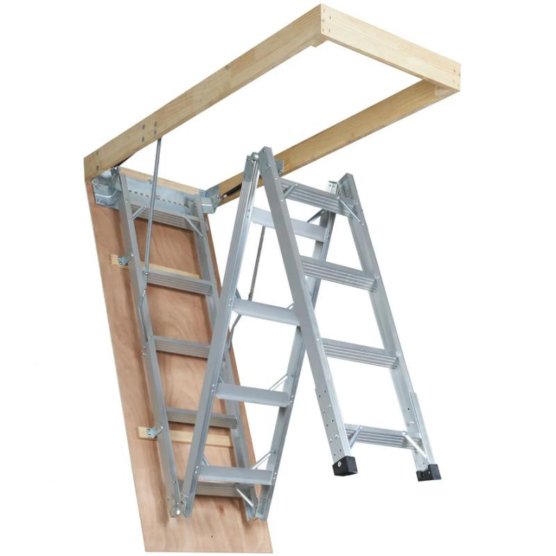 Összecsukható alumínium padláslétra fa kerettel – 57 × 155 cm, 12 lépcsőfok, 150 kg teherbírás