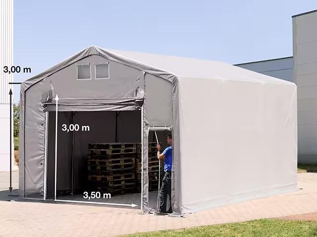 Outlander ponyva csarnok raktársátor 6x6m oldalmagasság 3,00m felhúzható kapuval, ponyva PVC  szürke