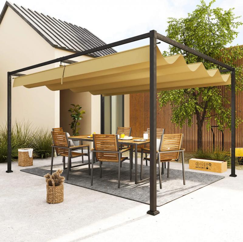 Pergola és kerti pavilon 4 × 3 m, khaki színben, állítható sínrendszeres tolótetővel, UV-álló és vízlepergető poliészter ponyvával, stabil porszórt acélvázzal