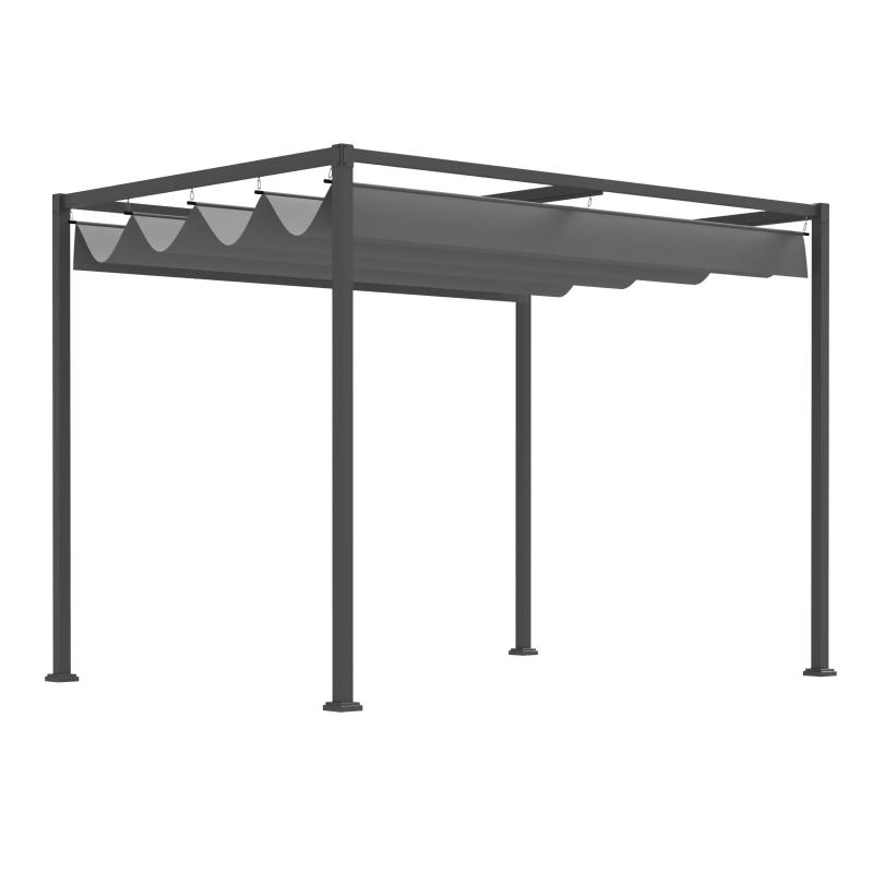 Pergola,  pavilon 3 × 2 m, szürke, állítható sínes tetővel, UV-álló és vízlepergető poliészter borítással, stabil porszórt acélvázzal