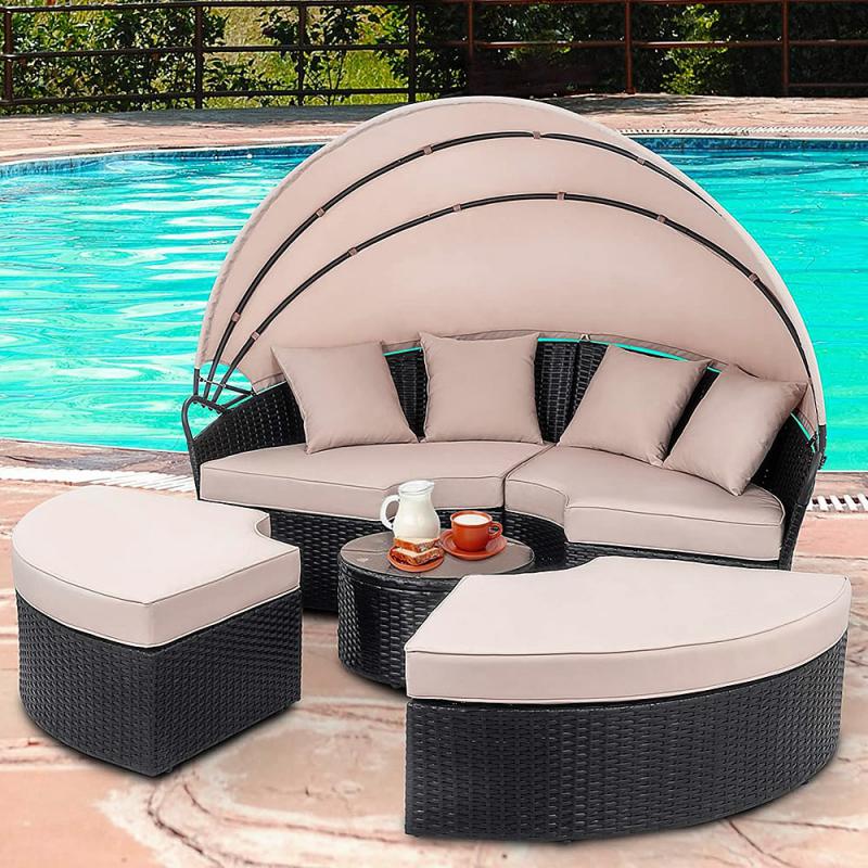 Polyrattan luxus napozó ülőgarnitúra napozóágy rattan kerti sziget heverő 184 x 141 cm fekete