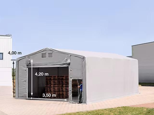 Ponyva csarnok  raktársátor, ipari sátor  8x10m oldalmagasság 4,00m felhúzható kapuval ponyva PVC szürke