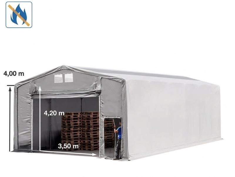 Ponyvacsarnok 8x16 m, 4 m oldalmagasság, felhúzható kapu, PRIMEtex ponyva