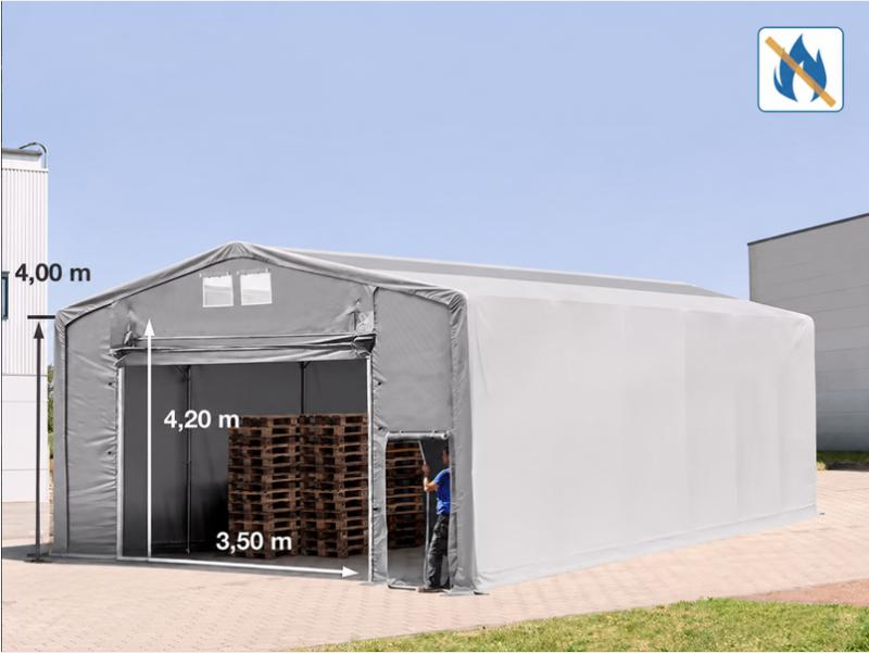 Ponyvacsarnok, raktársátor, ipari sátor 8 × 16 m – 128 m², 4,00 m oldalmagassággal, felhúzható kapuval, tetőablakos PRIMEtex PVC ponyvával és extra megerősített horganyzott acélszerkezettel