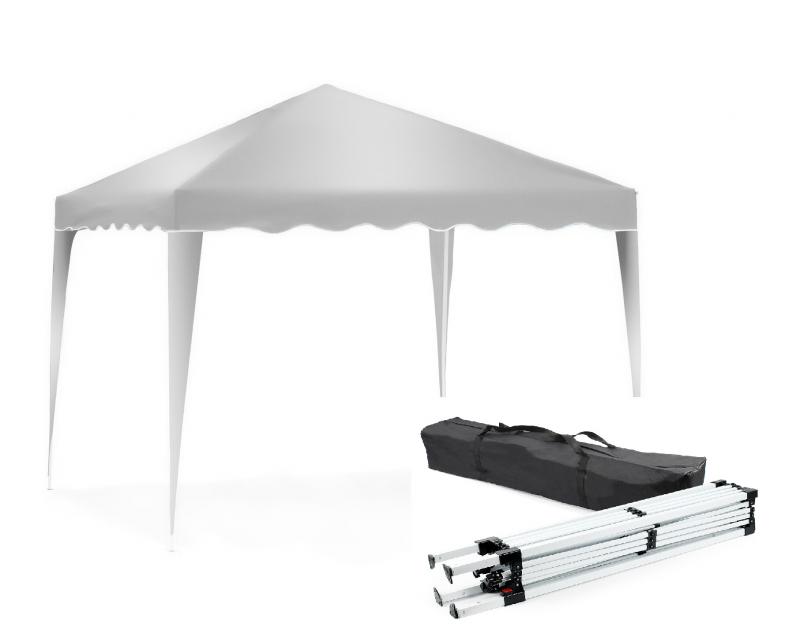Pop-up összecsukható kerti pavilon és rendezvénysátor 3 × 3 m, fehér, vízlepergető UV 50+ tetőponyvával, stabil acélvázzal, kattintós mechanizmussal, rögzítőkötelekkel,hordozótáskával