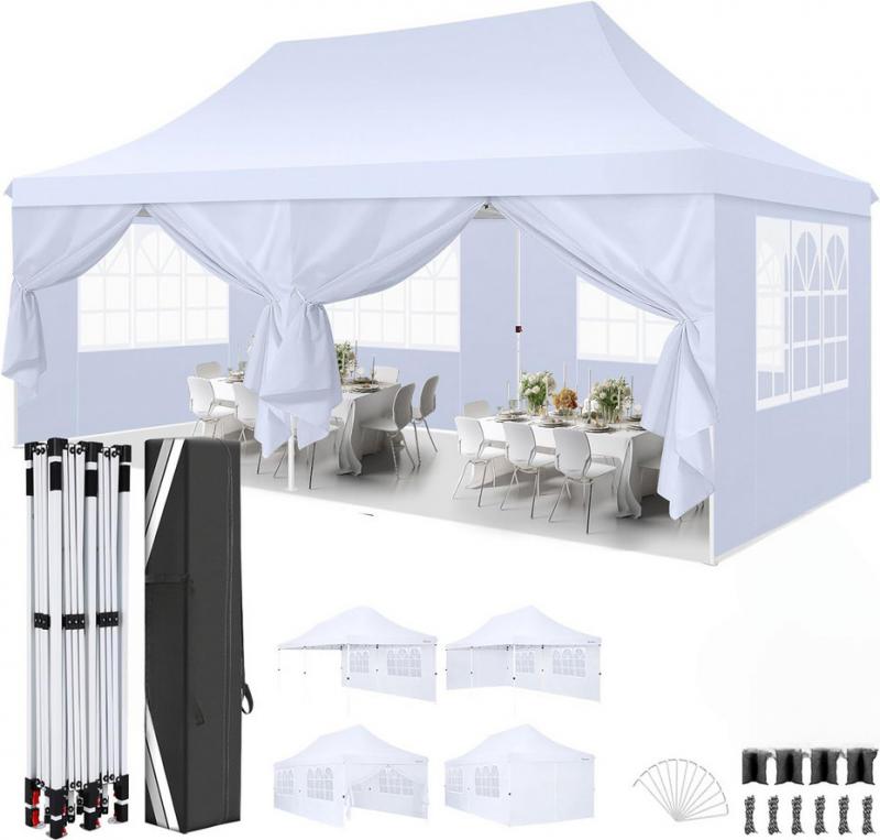 Pop-up  összecsukható pavilon 3 × 6 m – vízálló, stabil, UV-védett kerti rendezvénysátor 6db  oldalfallal 18,00 m² fehér