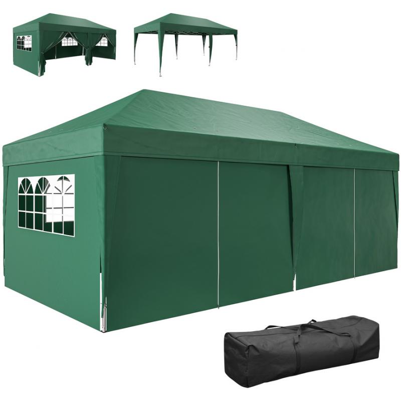 Pop-up összecsukható pavilon 3 × 6 m, zöld, 6 db levehető oldalfallal, vízlepergető és UV-védett Oxford ponyvával, porfestett acélvázzal, vízelvezető nyílásokkal, rögzítőkötelekkel, hordozótáskával