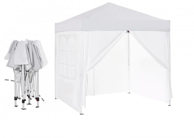 Pop-up összecsukható pavilon és rendezvénysátor 2 × 2 m, fehér, 4 db levehető oldalfallal, vízálló és UV-álló Oxford poliészter ponyvával, stabil porfestett acélvázzal és hordozótáskával