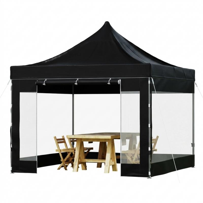 Pop-up összecsukható pavilon és rendezvénysátor 3 × 3 m, 9 m², fekete, 240 g/m²-es PVC-bevonatú tetőponyvával, 4 db átlátszó panoráma-oldalfallal,  állítható magasságú vázzal és görgős hordozótáskával