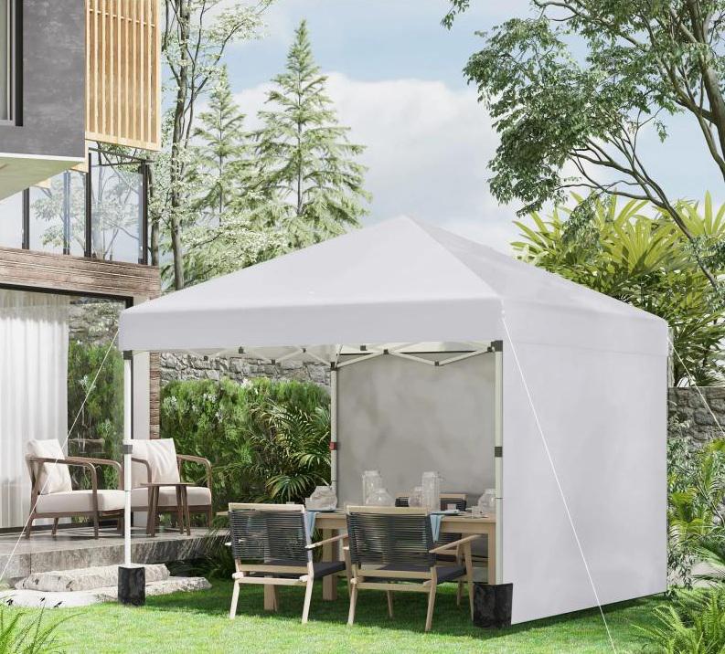 Pop-up összecsukható pavilon és rendezvénysátor 3 × 3 m, fehér Oxford vászonnal, 2 db levehető oldalfallal, UV 30+ védelemmel, 3 fokozatban állítható acélvázzal, homokzsákokkal és hordozótáskával