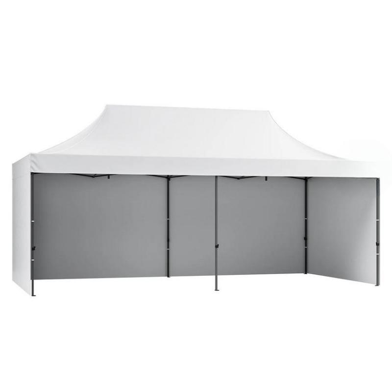 Pop-up összecsukható pavilon és rendezvénysátor 3 × 6 m, 18 m², fehér,  vízlepergető  PU-bevonatú ponyvával, levehető oldalfalakkal, acél vázzal, állítható magassággal és kerekes hordozótáskával