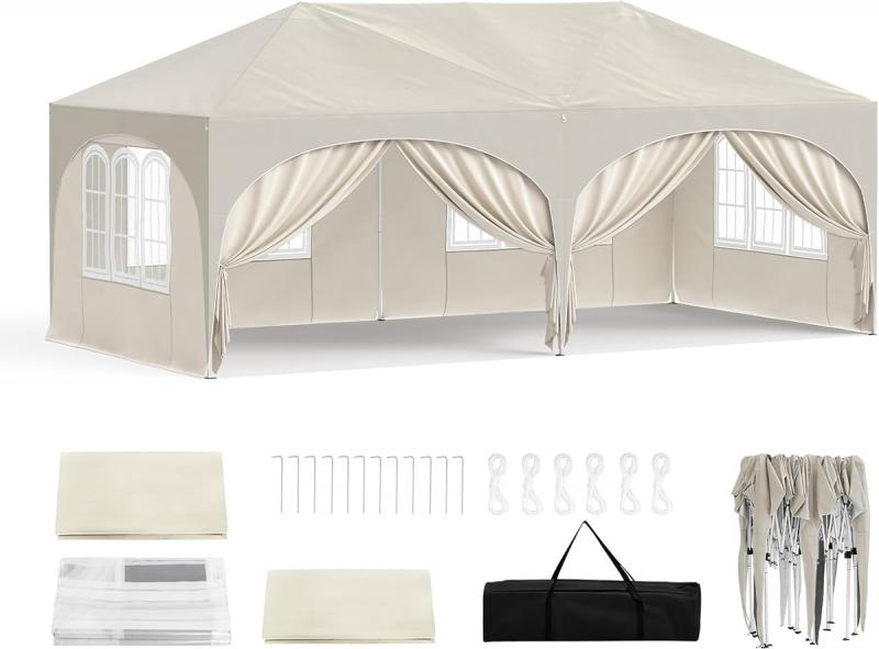Pop-up összecsukható pavilon oldalfalakkal, 3 × 6 m, bézs színben, vízlepergető ponyvával és UV 50+ védelemmel