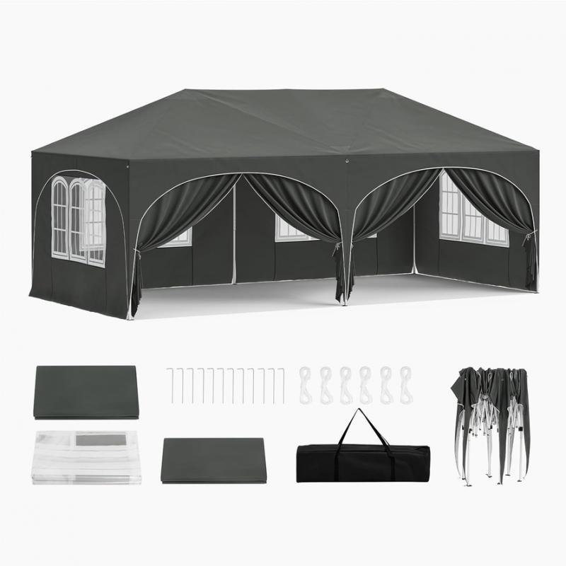 Pop-up összecsukható pavilon oldalfalakkal, 3 × 6 m, szürke színben, vízlepergető ponyvával és UV 50+ védelemmel