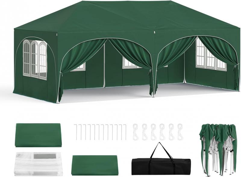 Pop-up összecsukható pavilon oldalfalakkal, 3 × 6 m, zöld színben, vízlepergető ponyvával és UV 50+ védelemmel