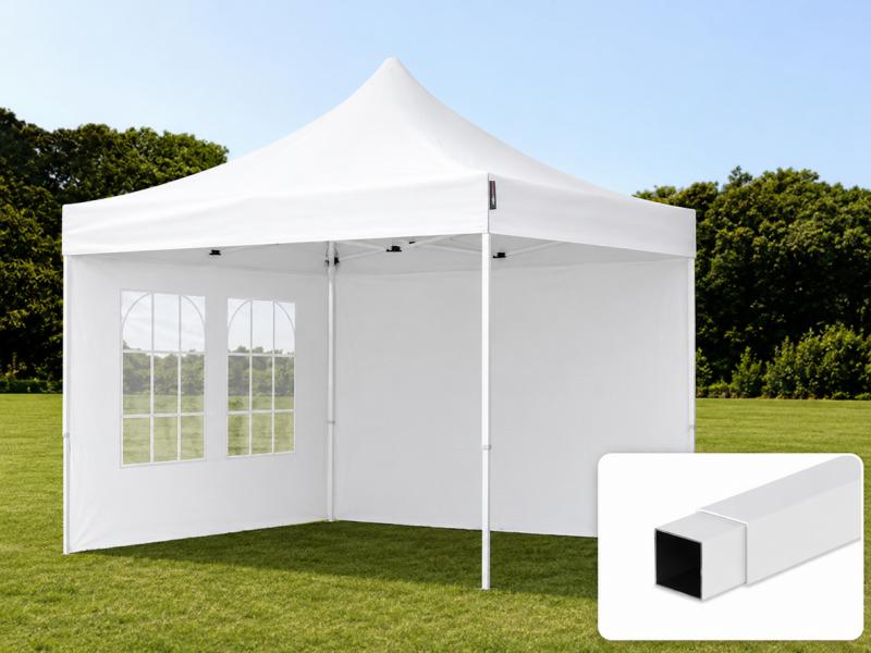 Pop-up összecsukható pavilon, rendezvény- és piaci sátor 3 × 3 m, 9 m², fehér PVC ponyvával, 2 db oldalfallal, 100%-ban vízálló kivitelben, stabil acélvázzal és 3 fokozatban állítható magassággal