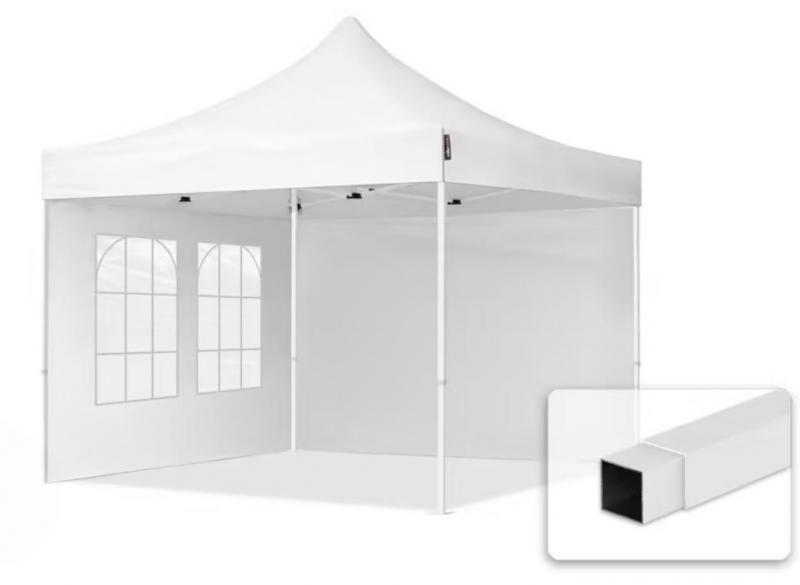 Pop-up összecsukható pavilon, rendezvénysátor piacisátor 3x3 m, PVC ponyva, 2 db oldalfallal, fehér – stabil acélszerkezet, állítható magasság, 100% vízálló