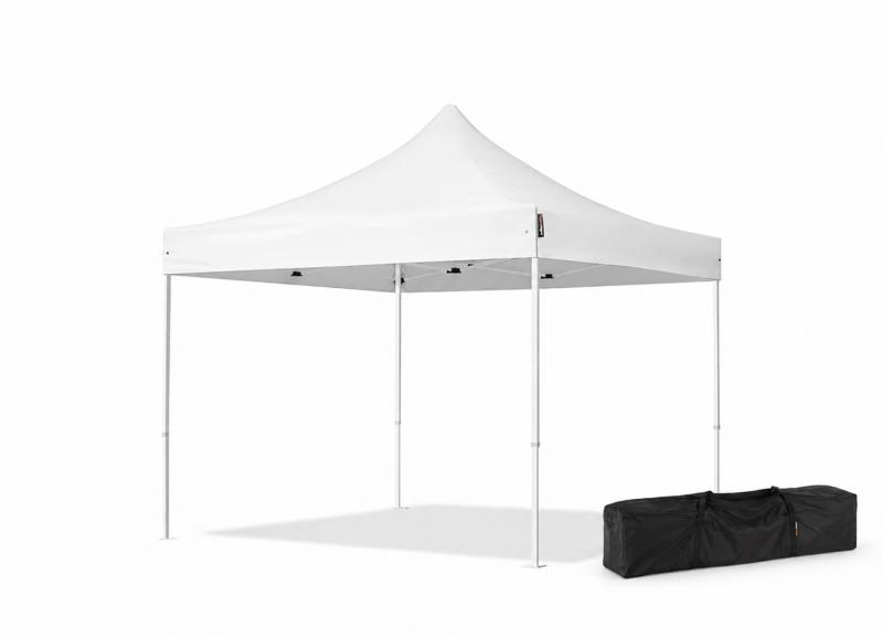 Pop-up összecsukható pavilon, rendezvénysátor piacisátor 3x3 m, PVC ponyva,  stabil acélszerkezet, állítható magasság, 100% vízálló, oldalfal nélkül, fehér