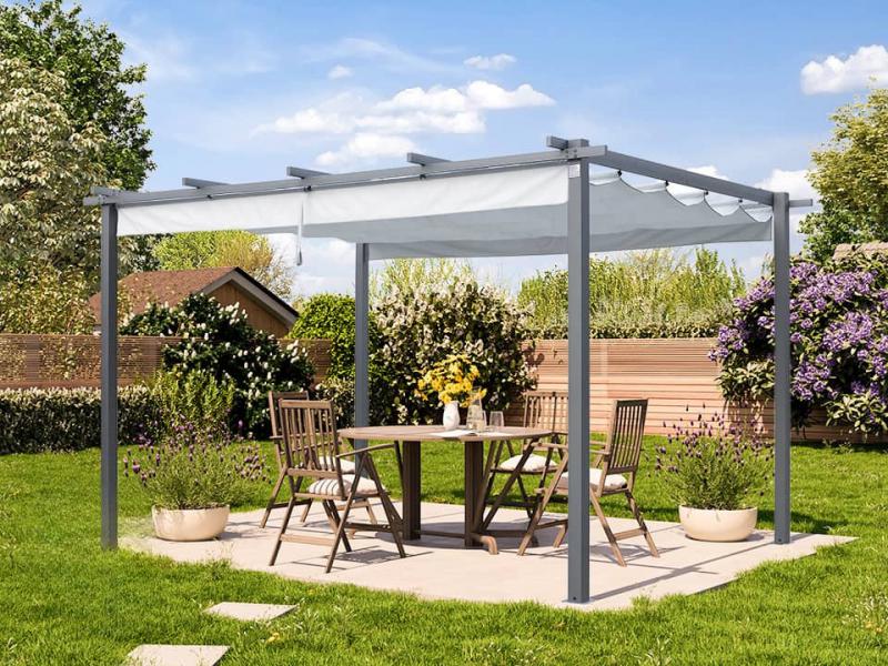 Prémium pergola napellenző vitorlarendszer 3 × 4 m, 12 m², kihúzható UV 50+ árnyékolóval, polikarbonát védőpanellel, mágneses rögzítéssel és horganyzott, porszórt acélszerkezettel