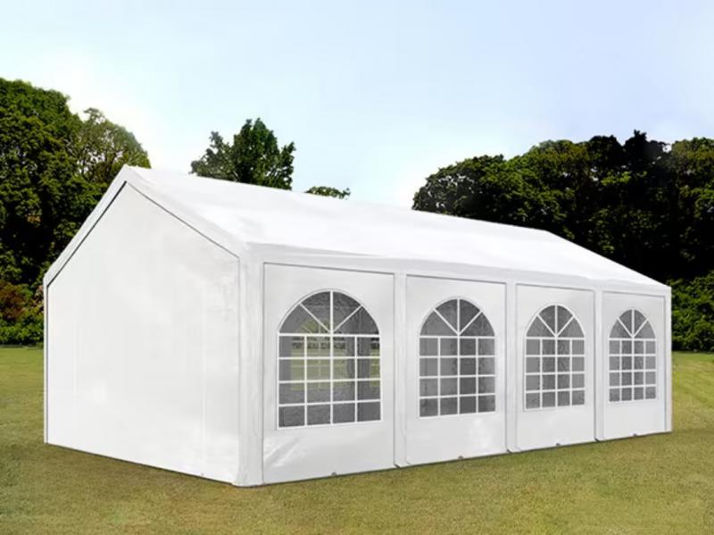 Premium rendezvénysátor, partisátor 4 × 8 m – 32 m², fehér vízálló PE ponyva, horganyzott acélvázzal