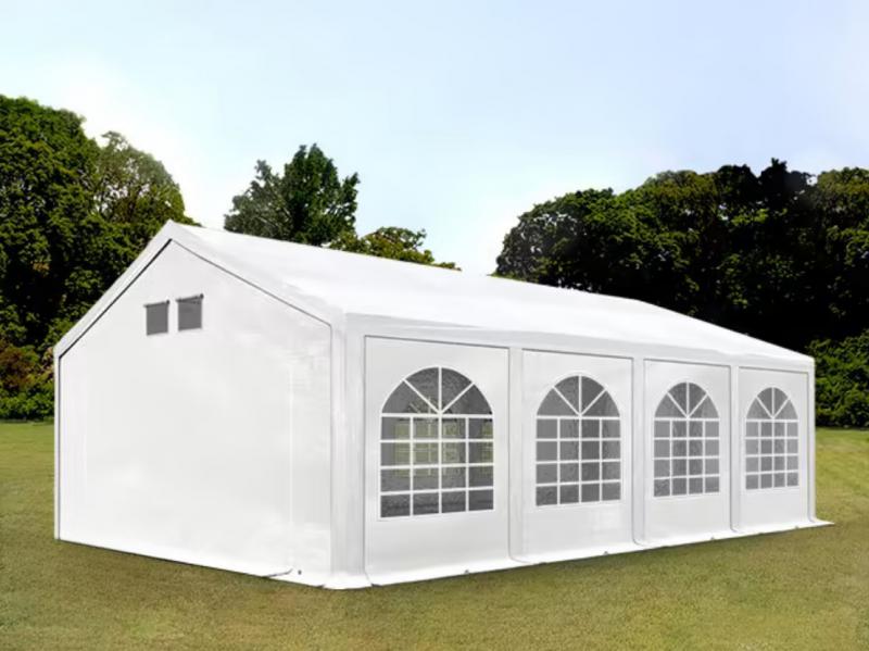 Premium rendezvénysátor, sörsátor és parti sátor 4 × 8 m – 32 m², fehér, 100%-ban vízálló PE ponyvával, horganyzott acélvázzal, padlókerettel és tetőerősítéssel