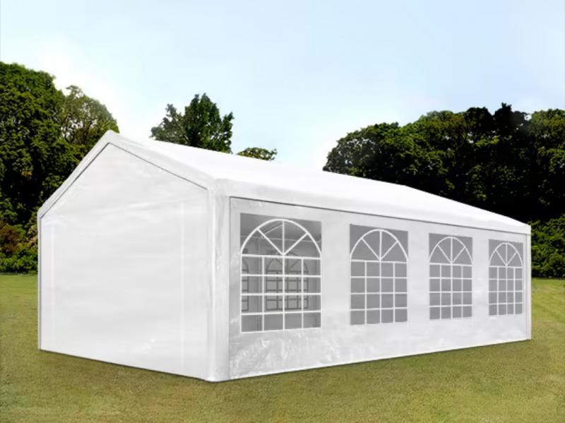 Premium rendezvénysátor, sörsátor és parti sátor 4 × 8 m – 32 m², fehér, vízálló  PE ponyvával, horganyzott acélvázzal