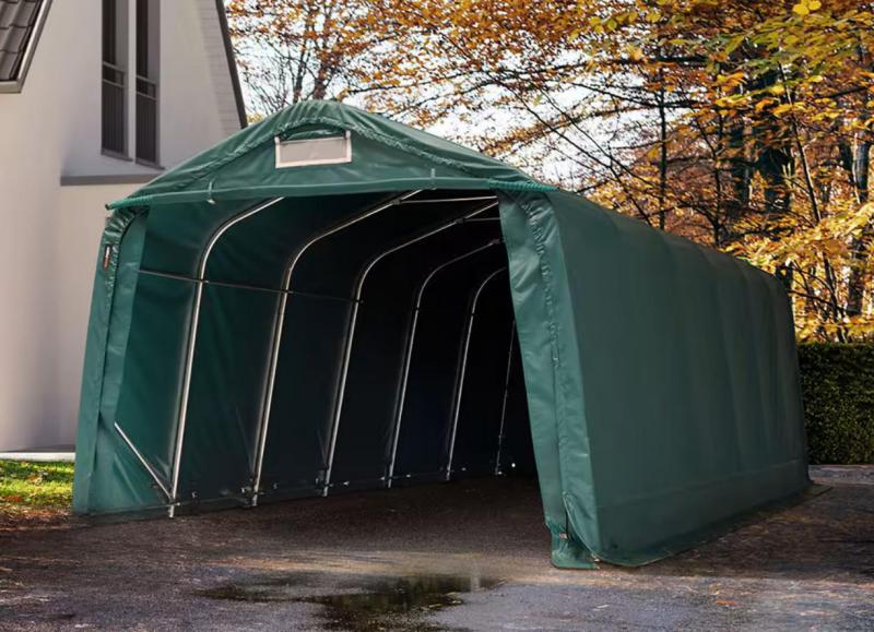 Professional Ponyvagarázs mobilgarázs autógarázs  3,3x7,2m, PVC ponyva, sötét zöld statikai megerősítéssel