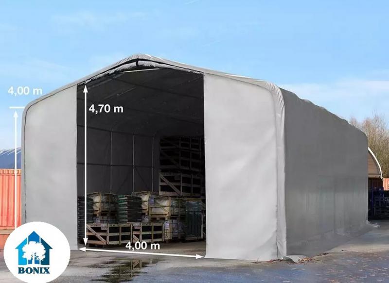 Professzionáli raktársátor 8x12m  bejárat mérete: 4,0x4,7 m PVC 550g/m2 szürke