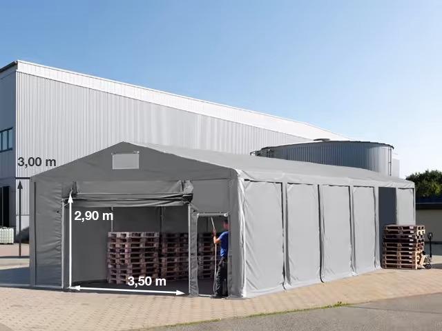 Professzionális 8x16m raktársátor 3,00m oldalmagasság, felhúzható kapuval  PVC 550g/m2 szürke
