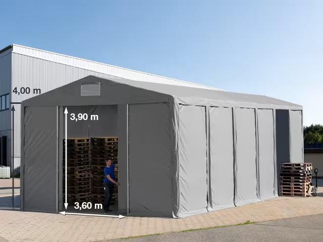 Professzionális 8x16m raktársátor 4,00m oldalmagasság, tolókapuval  PVC 550g/m2 szürke