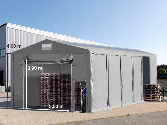 Professzionális 8x24m raktársátor4,00 m oldalmagasság, felhúzható kapuval és tetőablakkal, PVC 550g/m2 szürke