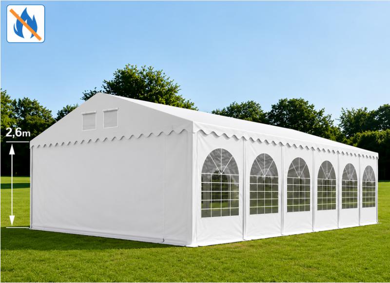 Professzionális extra erős, lángálló rendezvény- és fesztiválsátor 7 × 12 m, 84 m², PVC ponyvával, 2,60 m oldalmagassággal, megerősített horganyzott acélszerkezettel és padlókerettel – fehér