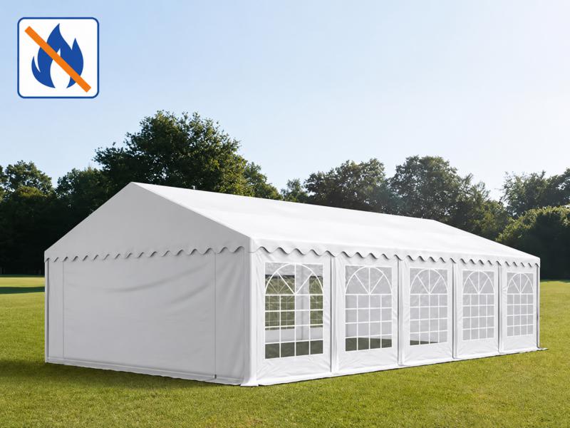 Professzionális extra erős, lángálló rendezvény- és partisátor 6 × 10 m, 60 m², fehér PVC ponyvával, 2,0 m oldalmagassággal, Ø 38 mm-es teljesen horganyzott acélvázzal és acélkábeles tetőmerevítéssel