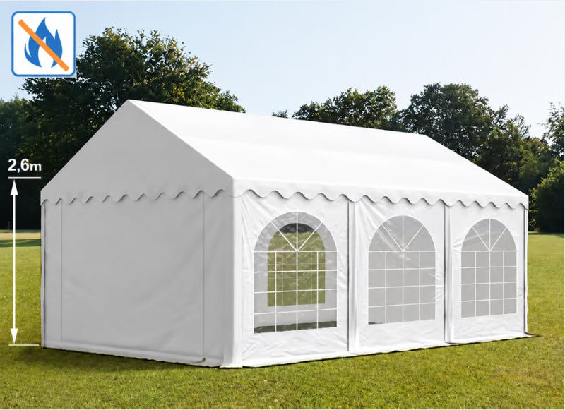Professzionális extra erős, lángálló rendezvény- és partisátor 6 × 6 m, 36 m², fehér PVC ponyvával, 2,6 m oldalmagassággal, Ø 50 mm-es erősített horganyzott acélvázzal és padlókerettel