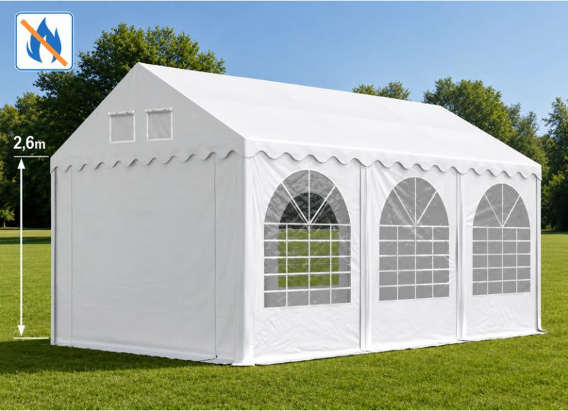 Professzionális extra erős, lángálló rendezvénysátor 3 × 6 m, 18 m², fehér PVC ponyvával, 2,6 m oldalmagassággal, Ø 50 mm-es erősített horganyzott acélvázzal és padlókerettel