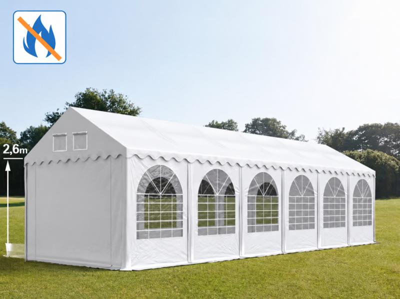 Professzionális extra erős, lángálló rendezvénysátor 4 × 12 m, 48 m², fehér PVC ponyvával, 2,6 m oldalmagassággal, Ø 50 mm-es erősített horganyzott acélvázzal és padlókerettel