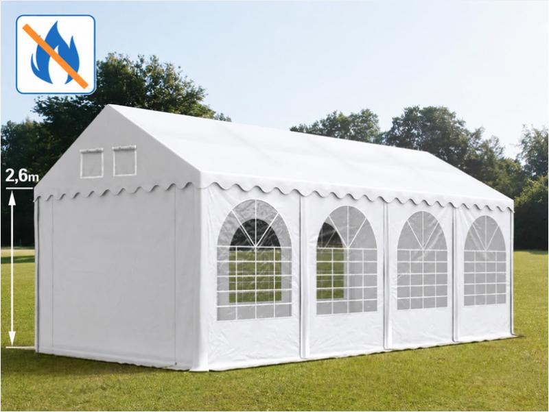 Professzionális extra erős, lángálló rendezvénysátor 4 × 8 m, 32 m², fehér PVC ponyvával, 2,6 m oldalmagassággal, Ø 50 mm-es erősített horganyzott acélvázzal és padlókerettel