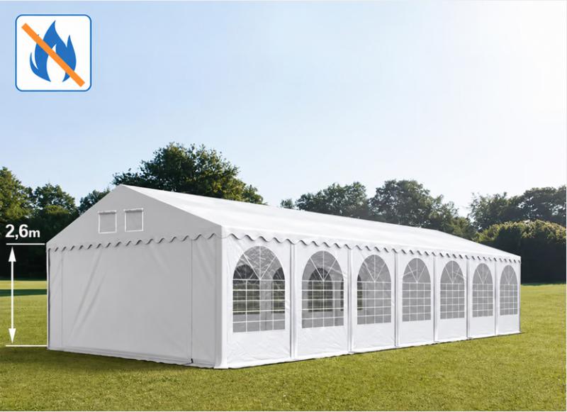 Professzionális extra erős, lángálló rendezvénysátor 5 × 14 m, 70 m², fehér PVC ponyvával, 2,6 m oldalmagassággal, Ø 50 mm-es erősített horganyzott acélvázzal és padlókerettel
