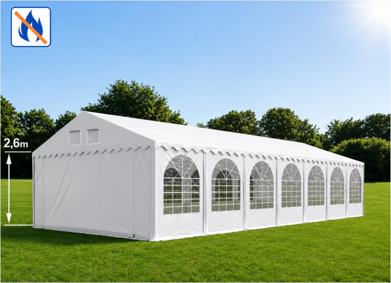 Professzionális extra erős, lángálló rendezvénysátor 6 × 14 m, 84 m², fehér PVC ponyvával, 2,6 m oldalmagassággal, Ø 50 mm-es erősített horganyzott acélvázzal és padlókerettel